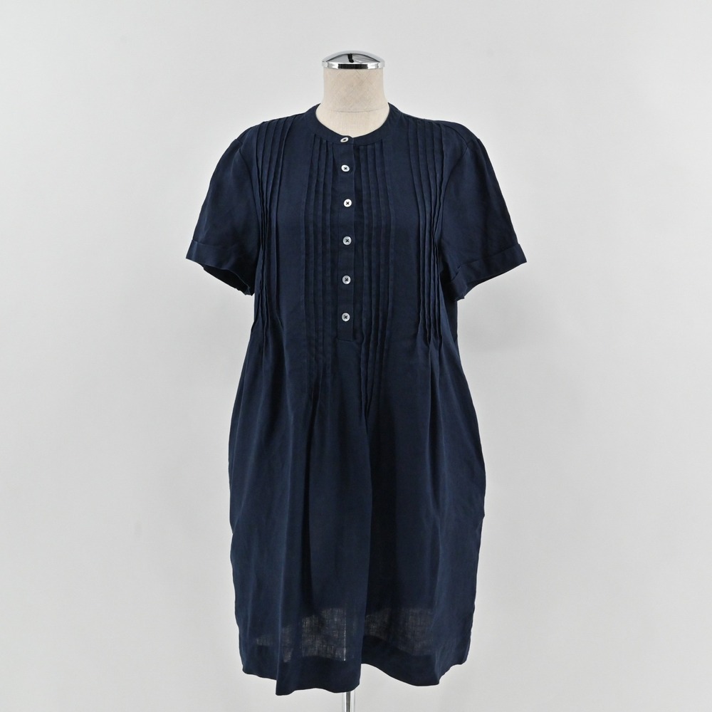 Quince Pintuck Pleated Linen Shift Dress Womens Size M Navy Blue Short Sleeve